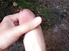 Quick cumshot outdoor in the woods